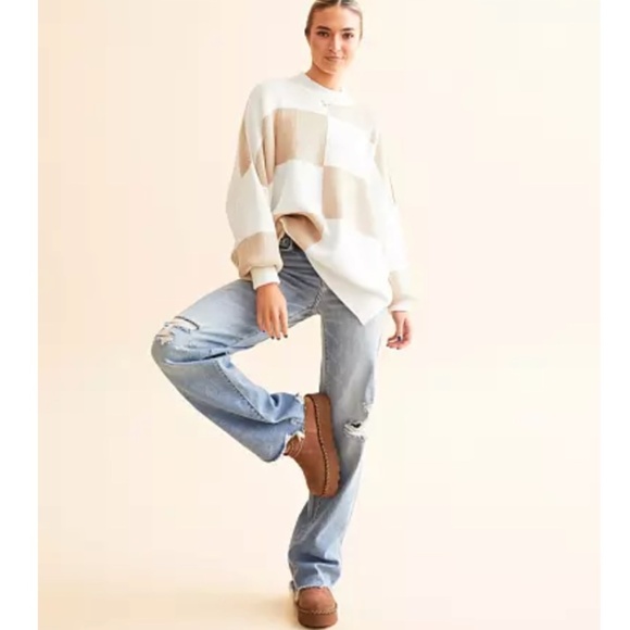 Free People Checker Easy Street Oversized Tunic Sweater White Sand Size M NWT - Picture 4 of 10